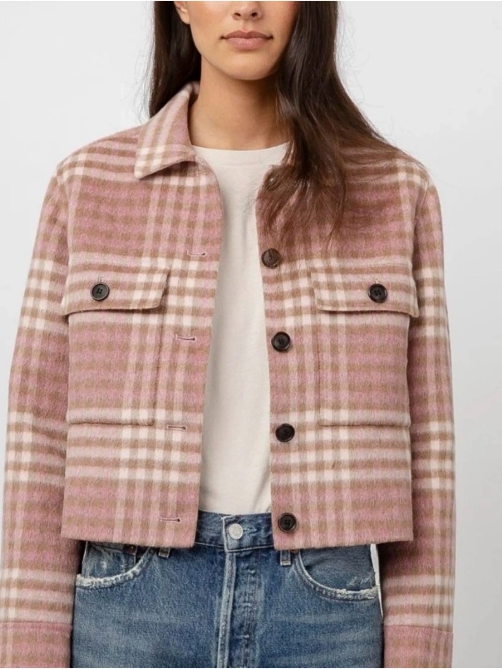 Rails Cropped Plaid Wool-Blend Jacket in Pink and Cream - Size XS - BNWOT